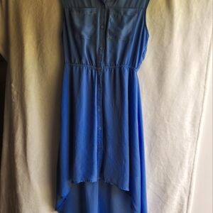 This is a blue sleeveless dress.